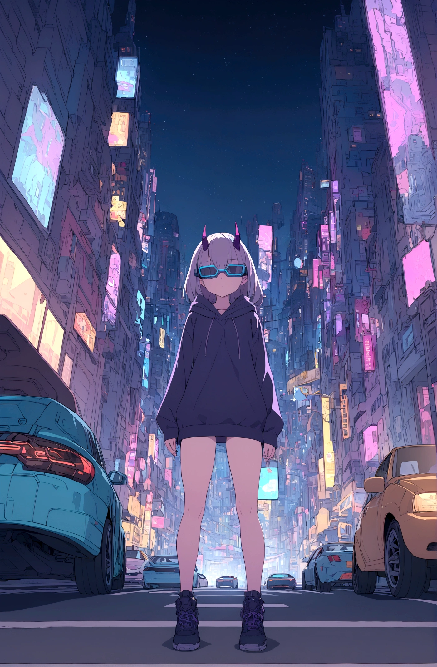 Slim girl standing at the middle of road, wearing black purple hoodie without one arm, wearing cyber glasses, neon city, at night, cars, cybernetic horns