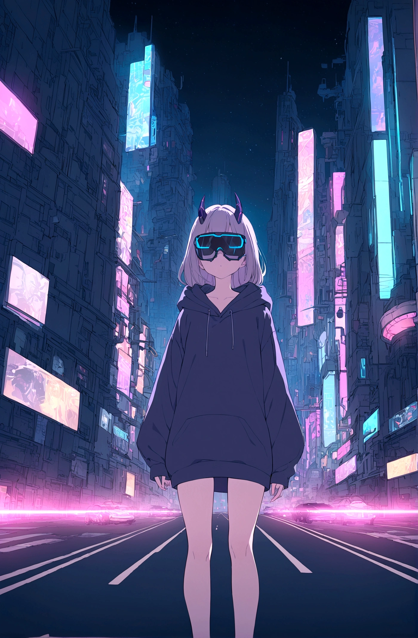 Slim girl standing at the middle of road, wearing black purple hoodie without one arm, wearing cyber glasses, neon city, at night, cars, cybernetic horns