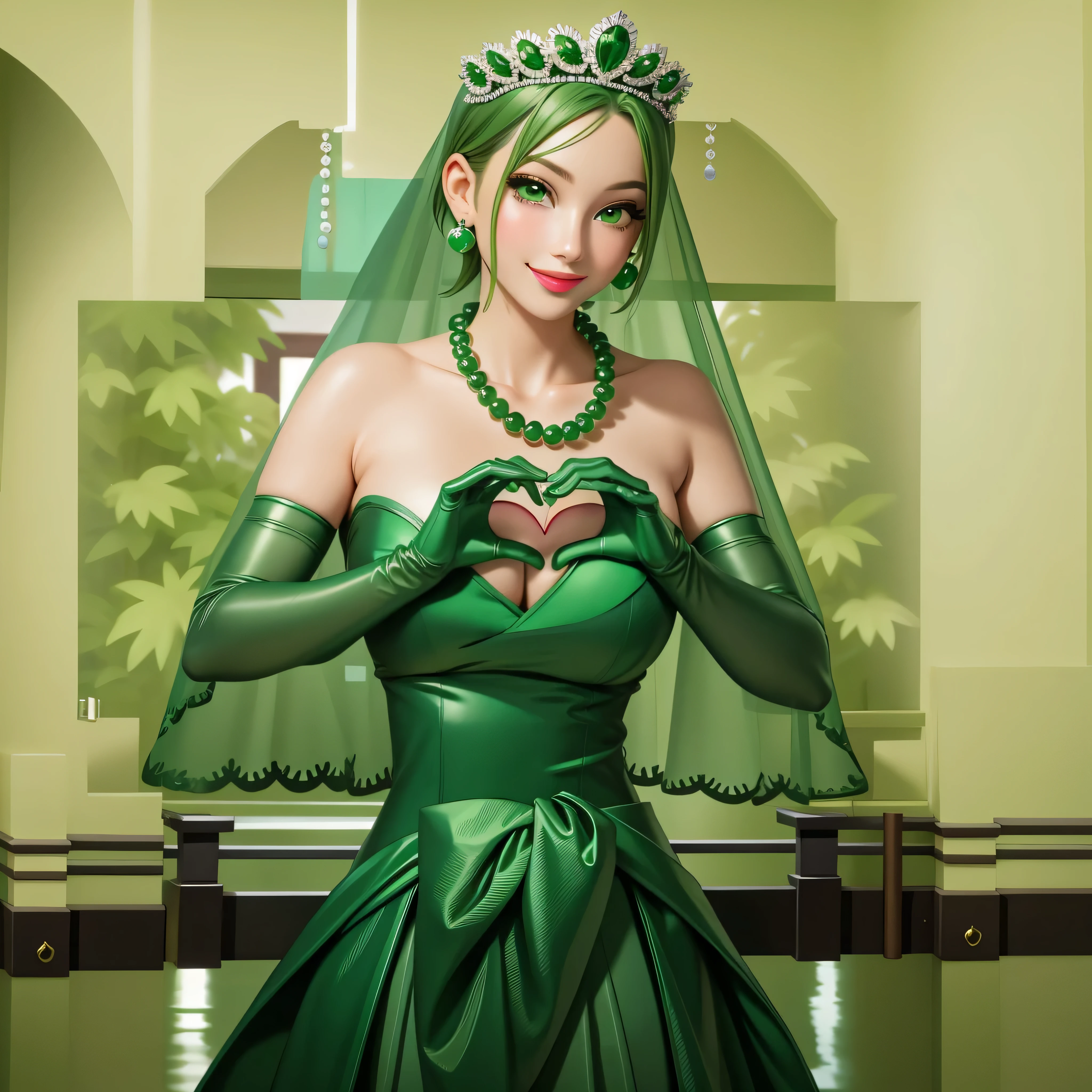 emerald tiara, Green Pearl Necklace, Boyish very short green hair, Green Lips, Smiling Japanese woman, Very short hair, Busty beautiful lady, Green Eyes, Green satin long gloves, Green Eyes, Emerald Earrings, Green veil, Heart with both hands, Green Hair, Beautiful Japanese Woman, Heart shaped hands:1.3, green lip gloss