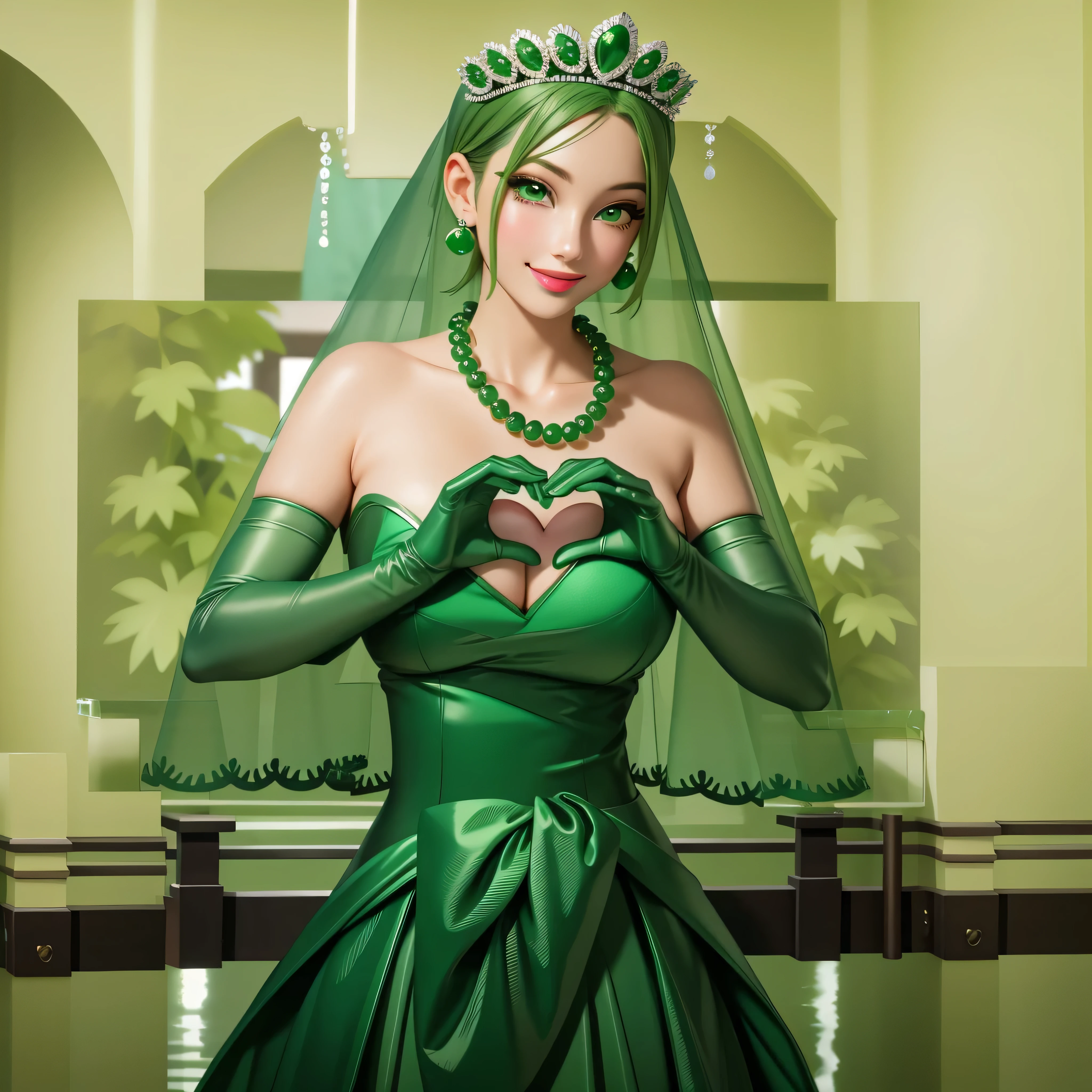 emerald tiara, Green Pearl Necklace, Boyish very short green hair, Green Lips, Smiling Japanese woman, Very short hair, Busty beautiful lady, Green Eyes, Green satin long gloves, Green Eyes, Emerald Earrings, Green veil, Heart with both hands, Green Hair, Beautiful Japanese Woman, Heart shaped hands:1.3, green lip gloss
