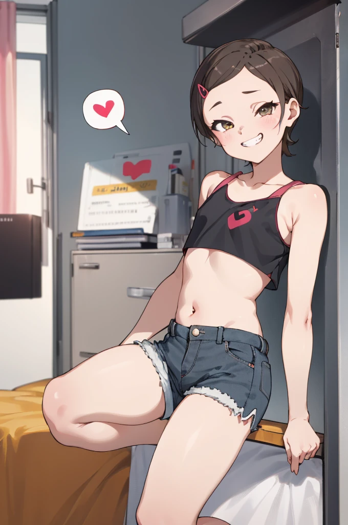 masterpiece, best quality, absurdres, my room
1girl, ,, , ,,,,looking viewer,,spoken heart,***,(petite),flat chest,thigh,grin,crop top,shorts