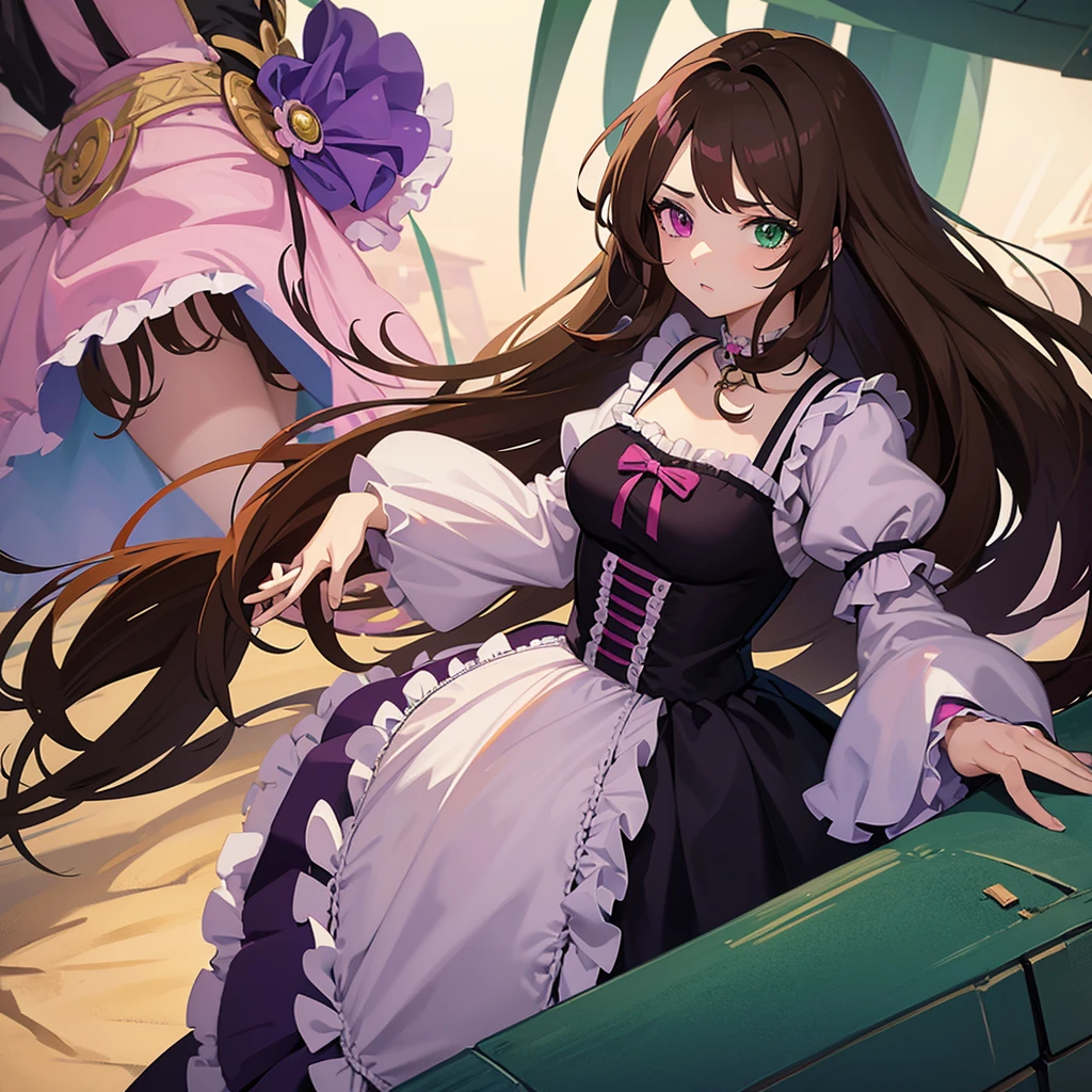 2D anime style woman with brown hair, straight fringe to the forehead, green left eye and purple right eye, She has heterochromia and wears pink ta style clothes.