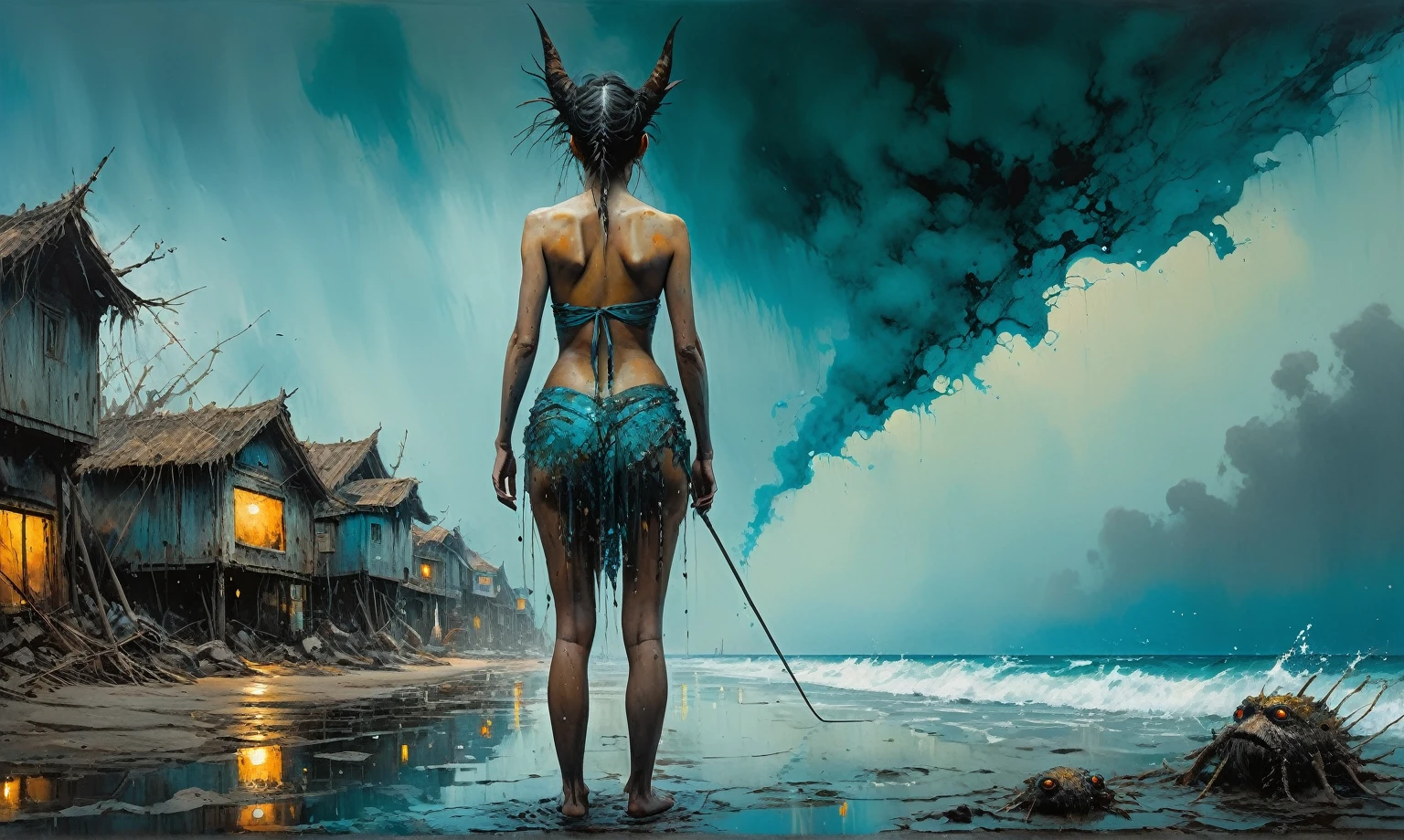  woman, stunning, highly detailed, 8k, ornate, intricate, cinematic, dehazed, atmospheric, (oil painting:0.75), (splash art:0.75),(teal:0.2),(orange:0.2), (by Jeremy Mann:0.5), (by John Constable:0.1),(by El Greco:0.5),(acrylic paint:0.75)full-body-shot,High contrast,Masterpiece,Realistic,Ultra Detailed,intricate details,realistic humid skin,extremely intricate,realism,photorealism, cinematic style,irina yermolova,HDR,((Wangechi Quality)),extremely detailed, [night landscape],masterpiece,intricate details,faded,eyes extremely detailed, high detailed eyes,16k resolution,RAW, Nikon Z9,chinese orc's village of fishers on seaside,authentic,full body length,Labradorite babygirl,native italian troll ,pretty face,eyebrow up,full body shot,ominous landscape,glate gray atmosphere,by art Simon Stalenhag,Nicola Samori,(((Wangechi Mutu))),prime colors,urban,extremely detailed,masterpiece,intricate details,faded,eyes extremely detailed, high detailed eyes,4k resolution,RAW, Nikon Z9