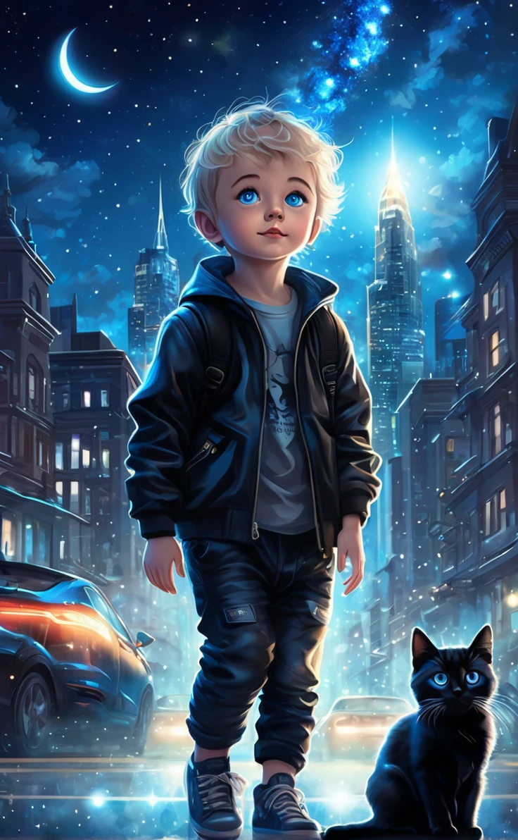 realistic illustration,boy with a black cat blue eyes from the front, in the background stars in the sky and a modern city