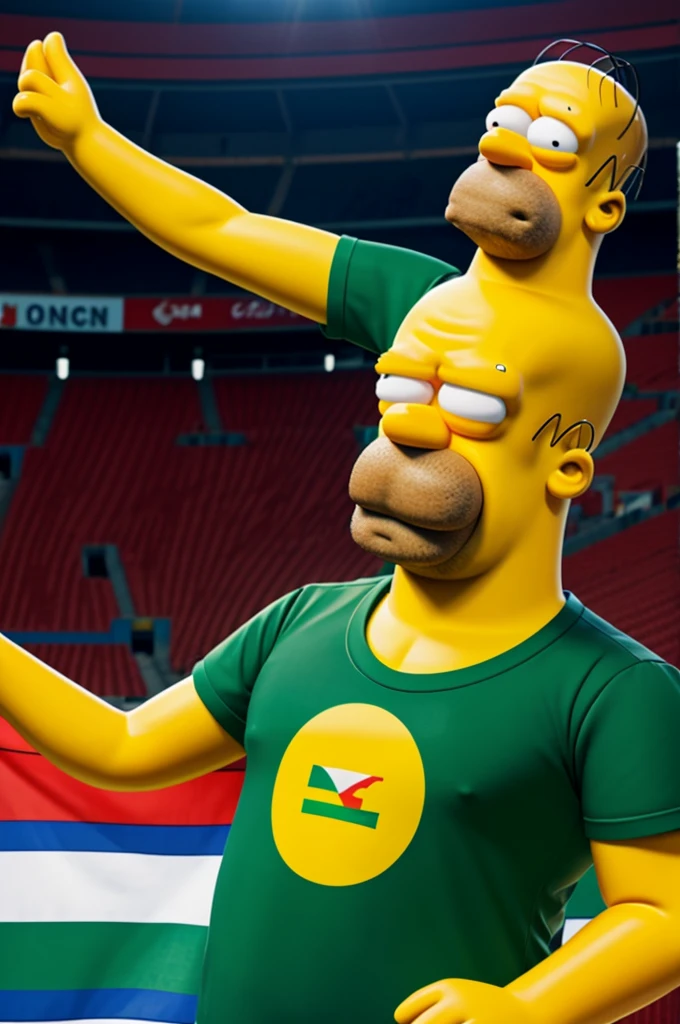 Homer Simpson with a green t-shirt with the Bolivian flag in a stadium 