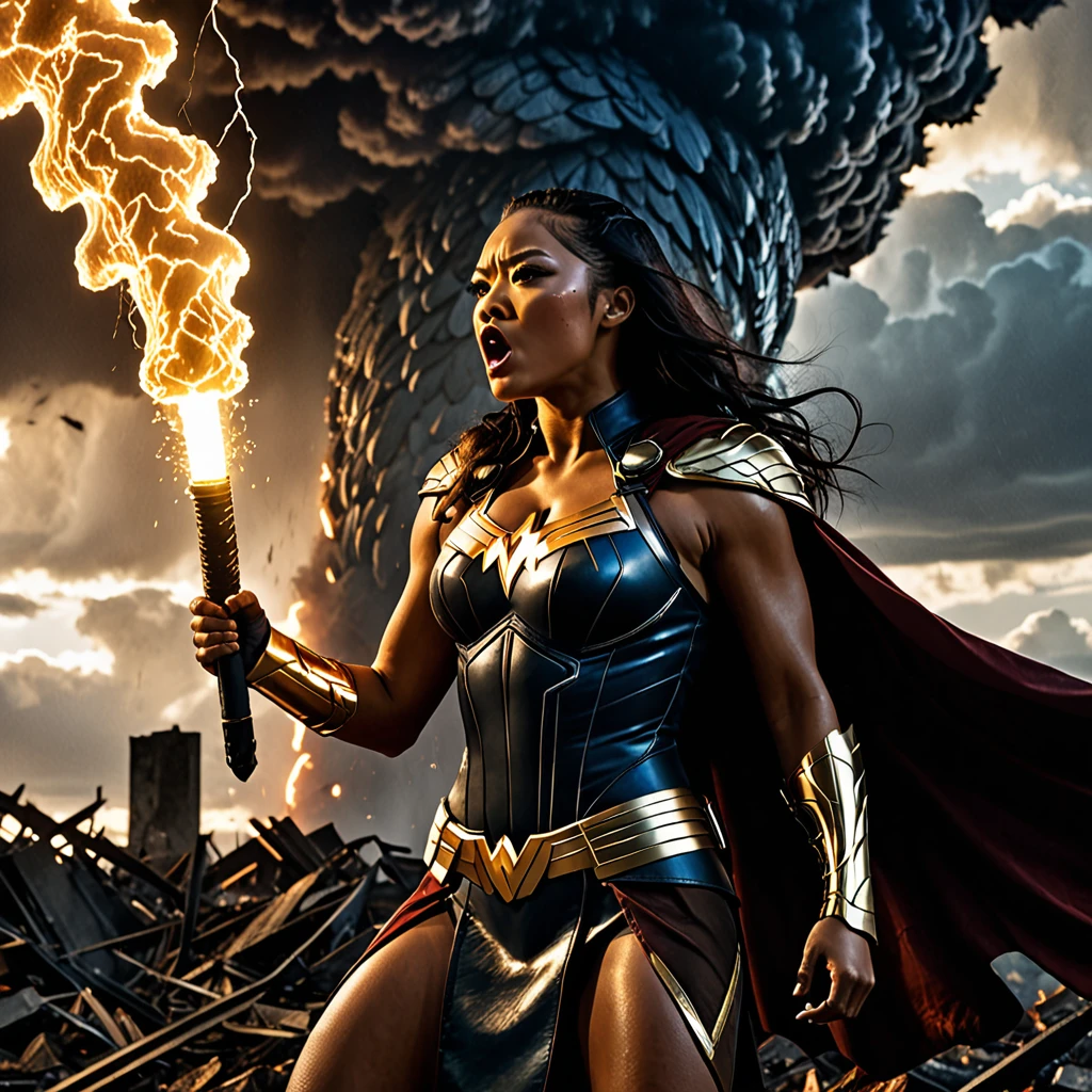 A gripping cinematic scene of a fierce female superhero named Hawk Tua, spitting fire contemptuously on a vile, otherworldly artifact. The character is lit by shadowy, dramatic lighting, revealing a the head of a giant hawk and the body of a strong female human. The artifact is a strange, pulsating phallic shaped object that seems to be glowing with an ominous energy. The background reveals a battle-scarred landscape, with the remnants of a destroyed city and ominous storm clouds looming overhead., cinematic, typography