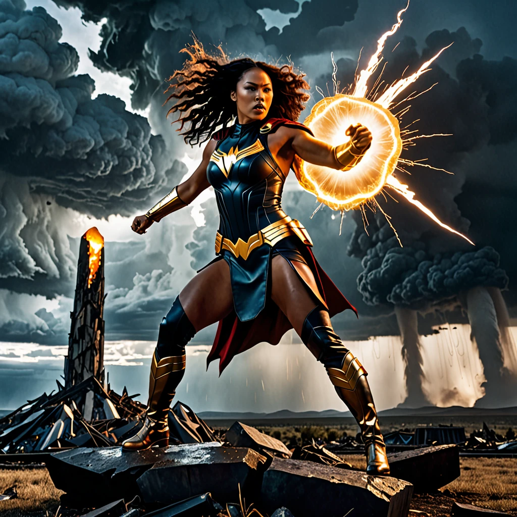 A gripping cinematic scene of a fierce female superhero named Hawk Tua, spitting fire contemptuously on a vile, otherworldly artifact. The character is lit by shadowy, dramatic lighting, revealing a the head of a giant hawk and the body of a strong female human. The artifact is a strange, pulsating phallic shaped object that seems to be glowing with an ominous energy. The background reveals a battle-scarred landscape, with the remnants of a destroyed city and ominous storm clouds looming overhead., cinematic, typography