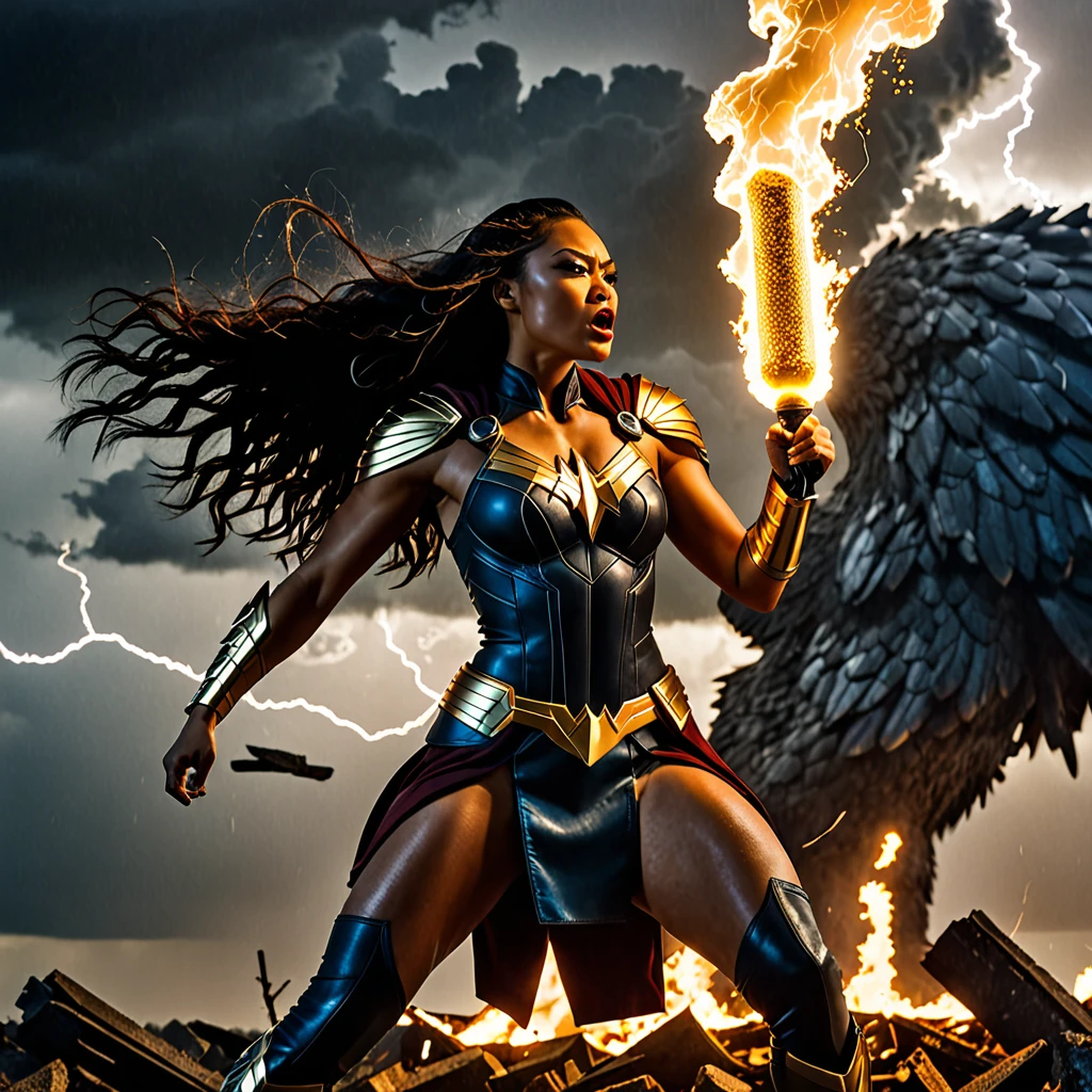 A gripping cinematic scene of a fierce female superhero named Hawk Tua, spitting fire contemptuously on a vile, otherworldly artifact. The character is lit by shadowy, dramatic lighting, revealing a the head of a giant hawk and the body of a strong female human. The artifact is a strange, pulsating phallic shaped object that seems to be glowing with an ominous energy. The background reveals a battle-scarred landscape, with the remnants of a destroyed city and ominous storm clouds looming overhead., cinematic, typography