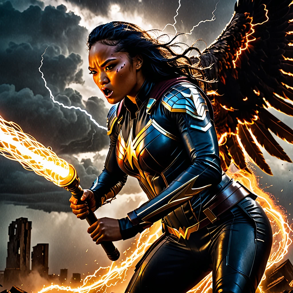A gripping cinematic scene of a fierce female superhero named Hawk Tua, spitting fire contemptuously on a vile, otherworldly artifact. The character is lit by shadowy, dramatic lighting, revealing a the head of a giant hawk and the body of a strong female human. The artifact is a strange, pulsating phallic shaped object that seems to be glowing with an ominous energy. The background reveals a battle-scarred landscape, with the remnants of a destroyed city and ominous storm clouds looming overhead., cinematic, typography