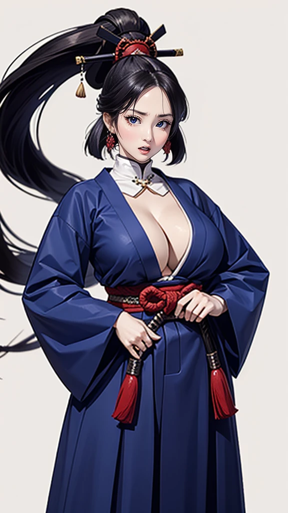 Samurai woman with gigantic breast the size of her head, extremely wide hips, long hakama, holding katana