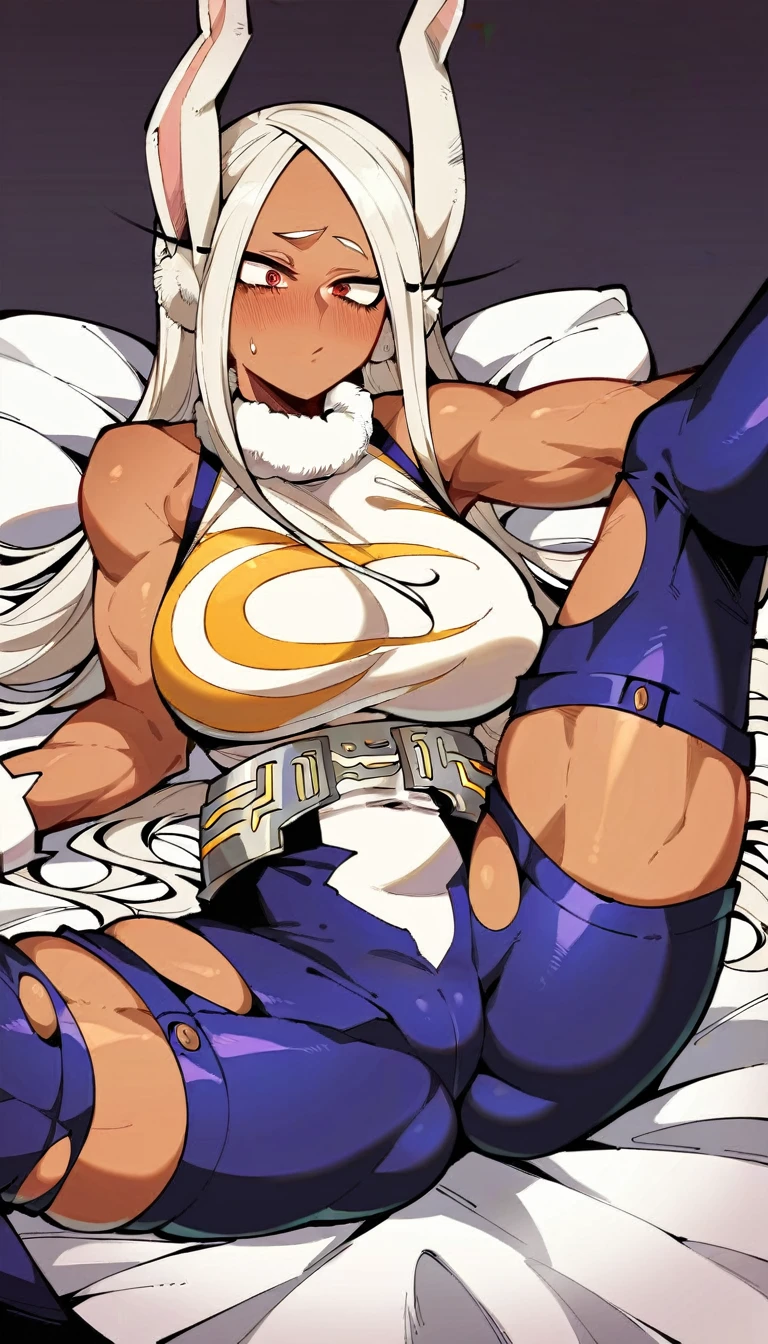 score_9, score_8_up, score_7_up, score_6_up, score_5_up, score_4_up, NSFW, Partial Nudity, (mirko:0.7), detailed eyes, bright red eyes, emotive face, blushing, Big Anime breasts, ripped clothing, 2d Body, My Hero Academia Anime Style, (bedroom:1.2), Cell Shaded, Anime Anatomy, shy, thin outline, puffy areola, Rating_Explicit , legs up resting , seductive pose