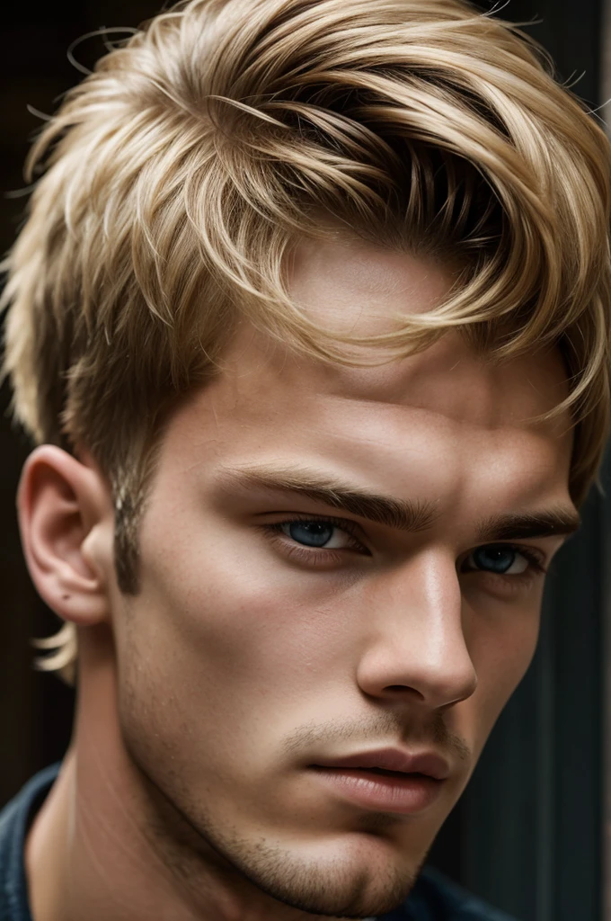 photography, Young male perfection, 18 ans, strong jawline, no cleft chin, full lips, Roman nose, short blonde hair, hazel eyes, hyper realistic, 8k --v 4, messy textured fringe
