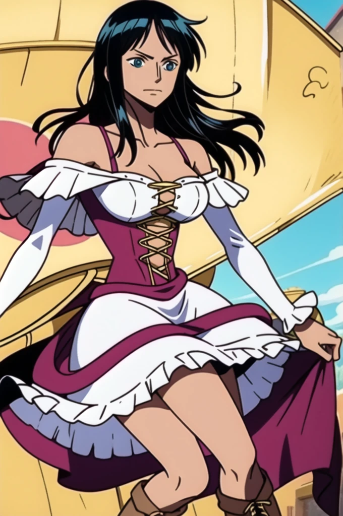 nico robin,The Flirty Can-Can: A frilled and ruffled off-the-shoulder dress with a cinched waist and layers of colorful petticoats, finished with lace-up boots