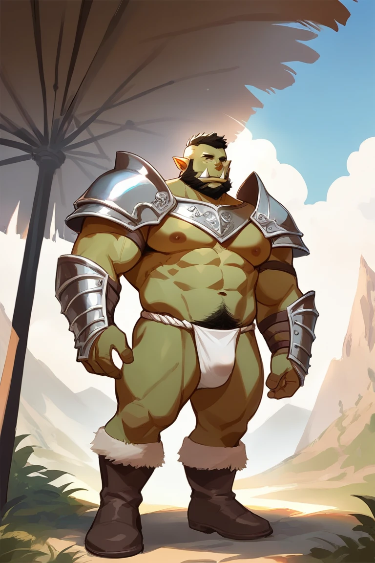 score_9, score_8_up, score_7_up, solo, male focus, bulk male, orc, green skin, tusks, beard, outdoors, micro armor , shoulder armor, breastplate, upper body, closed mouth, pauldrons, day , day sky , boots , (micro fundoshi) , full body , black boots , laying spreadlegs , legs up , massive ass