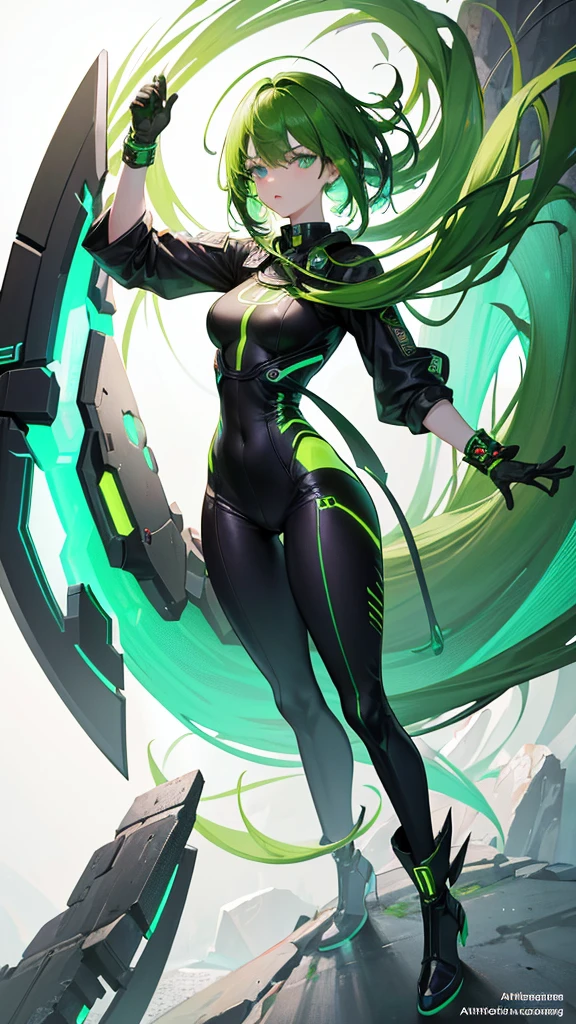 masterpiece, highest quality, (solo focus), (perfect face:1.1), (full body), (high detail:1.1), (hyper detailed eyes), dramatic, a woman with paleskin and long dark green hair, bright green eyes, solo, arrogant expression, neon cybernetic outfit, white background, art by artgerm, cinematic lighting, fashion, BalenciagaStyle