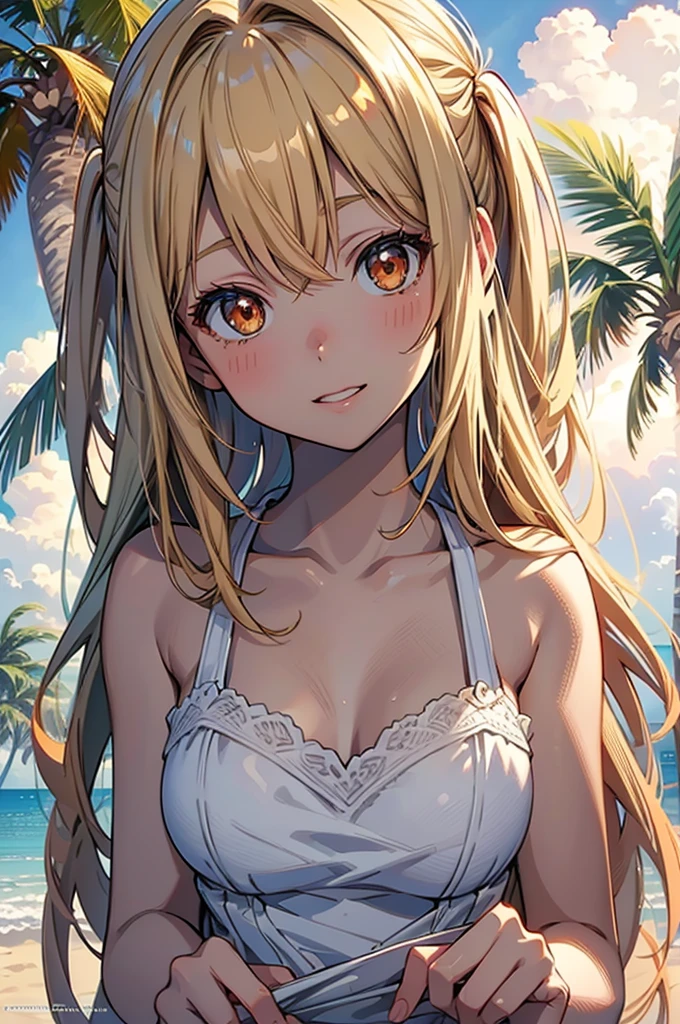 masterpiece, rich colors, Best quality, detailed, high resolution, Hyper quality, high detail, , high quality, detailing, skinny sexy girl on the beach , bright lighting , Brown eyes, Anime, palm trees, bright lighting, blonde,