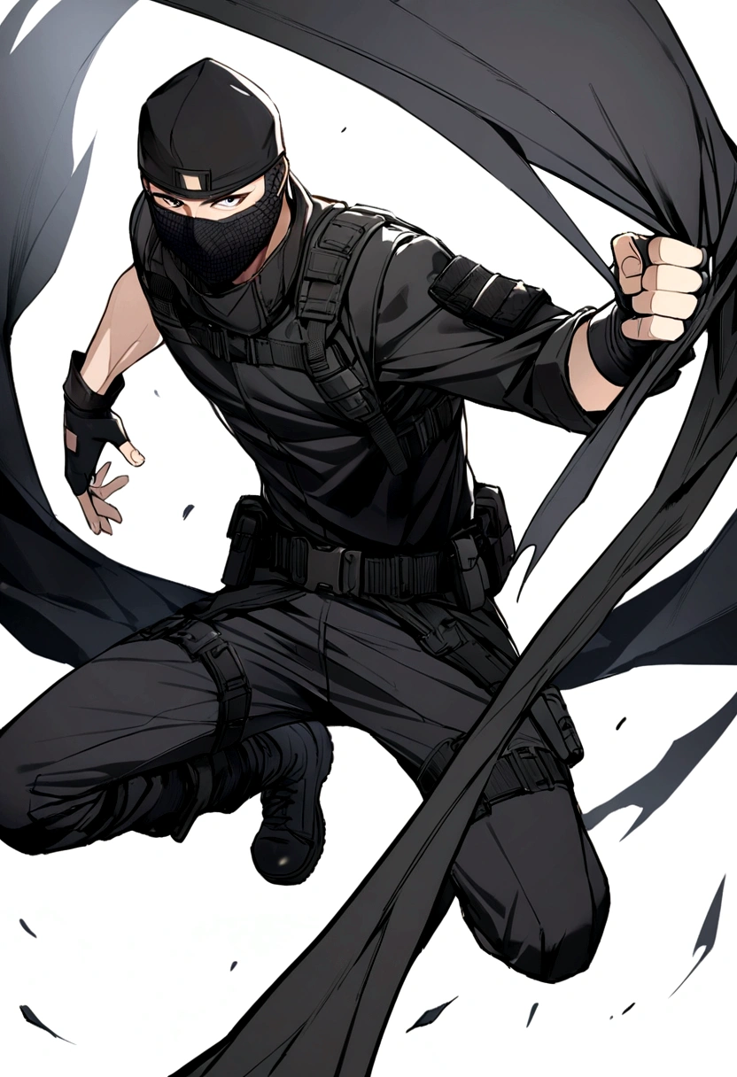 1 man, black uniform, Black cap, Black balaclava, fingerless gloves, black combat boots tactical belt with leg holster, dinamic pose, white background