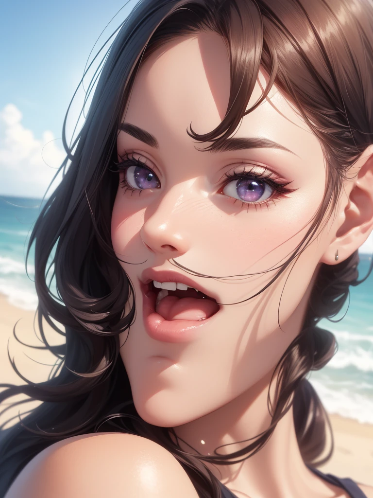 beautiful girl with purple eyes, 1girl, beach, ocean, sunset, seashore, wet sand, waves crashing, palm trees, dramatic lighting, soft glowing skin, (best quality,4k,8k,highres,masterpiece:1.2),ultra-detailed,(realistic,photorealistic,photo-realistic:1.37),cinematic,vibrant colors,dramatic lighting,glowing skin,detailed facial features,long eyelashes,beautiful detailed eyes,beautiful detailed lips,extremely detailed eyes and face