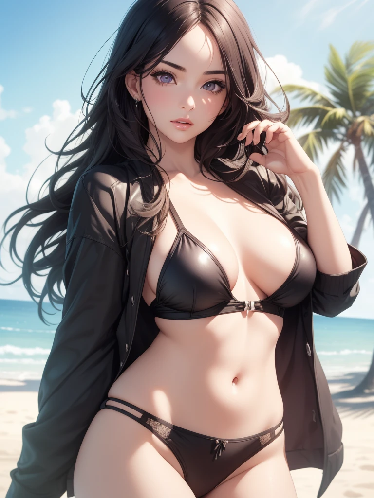 beautiful girl with purple eyes, 1girl, beach, ocean, sunset, seashore, wet sand, waves crashing, palm trees, dramatic lighting, soft glowing skin, (best quality,4k,8k,highres,masterpiece:1.2),ultra-detailed,(realistic,photorealistic,photo-realistic:1.37),cinematic,vibrant colors,dramatic lighting,glowing skin,detailed facial features,long eyelashes,beautiful detailed eyes,beautiful detailed lips,extremely detailed eyes and face