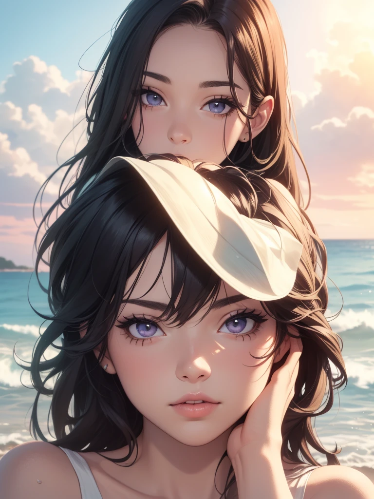 beautiful girl with purple eyes, 1girl, beach, ocean, sunset, seashore, wet sand, waves crashing, palm trees, dramatic lighting, soft glowing skin, (best quality,4k,8k,highres,masterpiece:1.2),ultra-detailed,(realistic,photorealistic,photo-realistic:1.37),cinematic,vibrant colors,dramatic lighting,glowing skin,detailed facial features,long eyelashes,beautiful detailed eyes,beautiful detailed lips,extremely detailed eyes and face