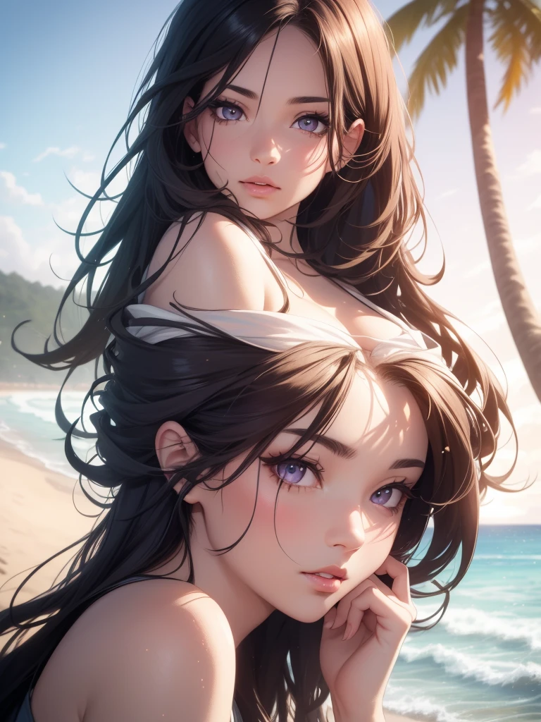 beautiful girl with purple eyes, 1girl, beach, ocean, sunset, seashore, wet sand, waves crashing, palm trees, dramatic lighting, soft glowing skin, (best quality,4k,8k,highres,masterpiece:1.2),ultra-detailed,(realistic,photorealistic,photo-realistic:1.37),cinematic,vibrant colors,dramatic lighting,glowing skin,detailed facial features,long eyelashes,beautiful detailed eyes,beautiful detailed lips,extremely detailed eyes and face