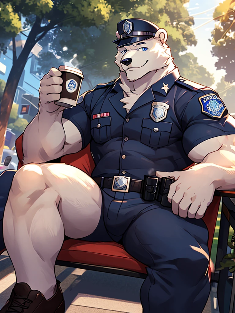 furry,solo,white bear,Blue eyes,Handsome face,slight smile,Muscular,Wearing an American police uniform,Sitting on a long chair under a tree.,coffee cup in hand,early morning,Looking straight at the viewer,Maximum image resolution,Dynamic lighting,4K