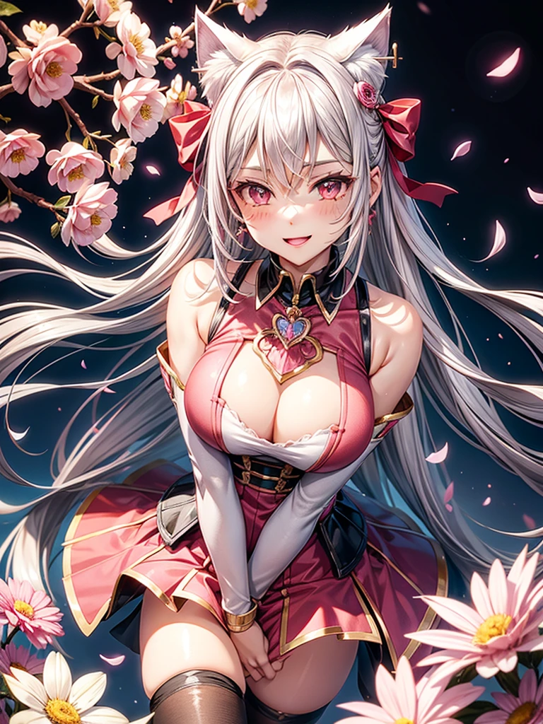 Silver hair, pink eyes, body, cat ears, adult girl, earrings, flower sky background, red pink gold uniform, hair bows, happy face, thigh up, looking at viewer