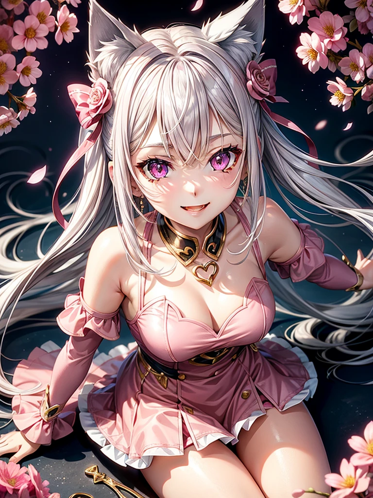 Silver hair, pink eyes, body, cat ears, adult girl, earrings, flower sky background, red pink gold uniform, hair bows, happy face, thigh up, looking at viewer