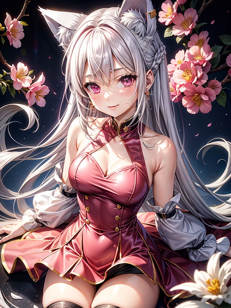 Silver hair, pink eyes, body, cat ears, adult girl, earrings, flower sky background, red pink gold uniform, hair bows, happy face, thigh up, looking at viewer