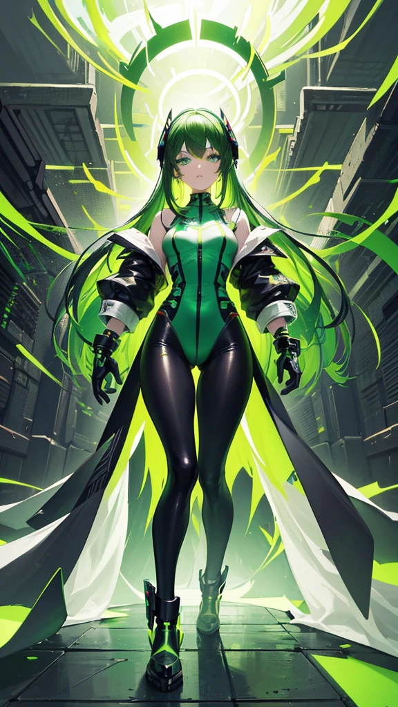 masterpiece, highest quality, (solo focus), (perfect face:1.1), (full body), (high detail:1.1), (hyper detailed eyes), dramatic, a woman with paleskin and long dark green hair, bright green eyes, solo, arrogant expression, neon cybernetic outfit, white background, art by artgerm, cinematic lighting, fashion, BalenciagaStyle