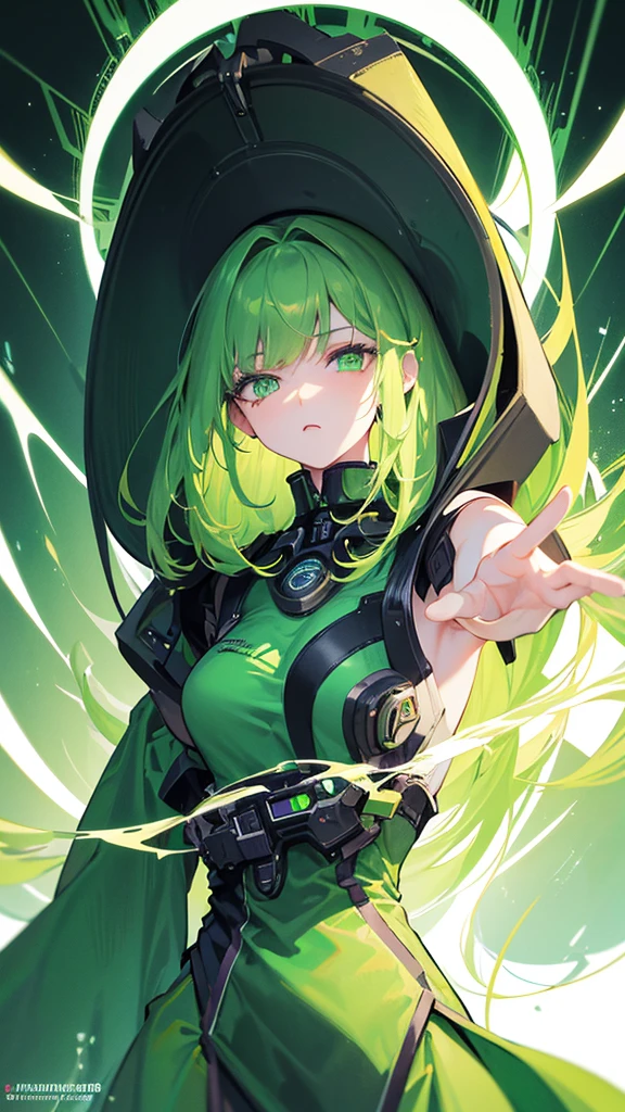 masterpiece, highest quality, (solo focus), (perfect face:1.1), (full body), (high detail:1.1), (hyper detailed eyes), dramatic, a woman with paleskin and long dark green hair, bright green eyes, solo, arrogant expression, neon cybernetic outfit, white background, art by artgerm, cinematic lighting, fashion, BalenciagaStyle