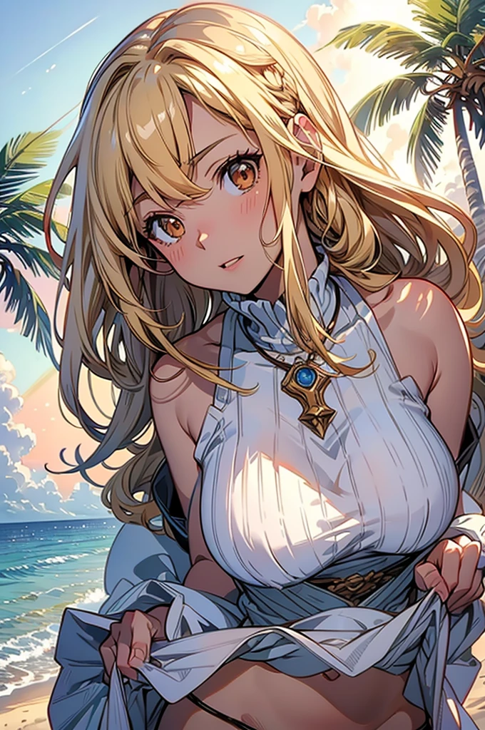 masterpiece, rich colors, Best quality, detailed, high resolution, Hyper quality, high detail, , high quality, detailing, skinny sexy girl on the beach , bright lighting , Brown eyes, Anime, palm trees, bright lighting, blonde,