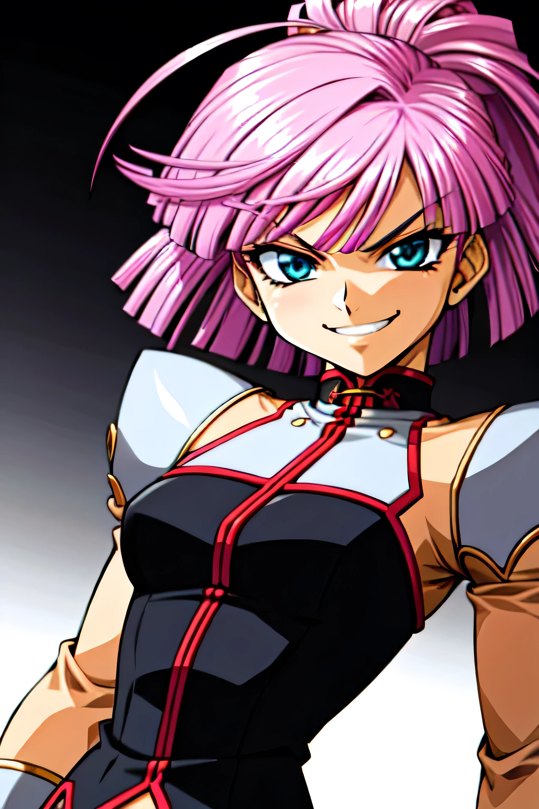 (best_quality 4K, 8K, High resolution, Masterpiece: 1.2), ultra detailed),from_below,(anime_screencap),(1girl,solo),dynamic_angle,too evil_smile,too evil laugh at,tis,deep shaded_face,too sadistic smile,smile worst,,bob short hair,,,looking at viewer,upper body,black background,too worst smile,too bad smile,too evil smirk,,too sadistic smirk,
