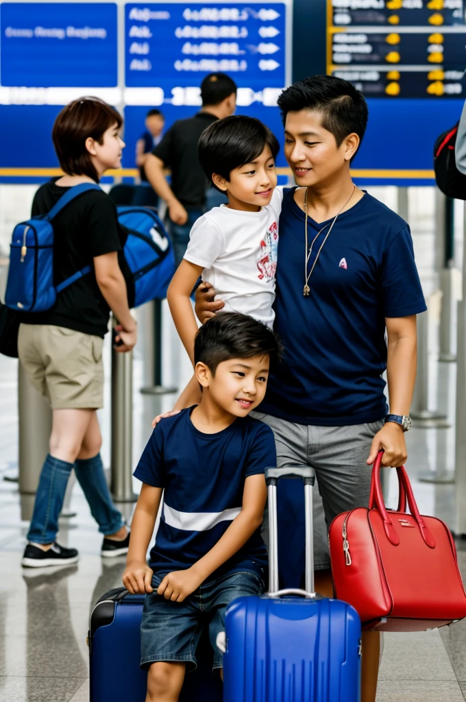 Create an 8  boy with his mom at the airport 