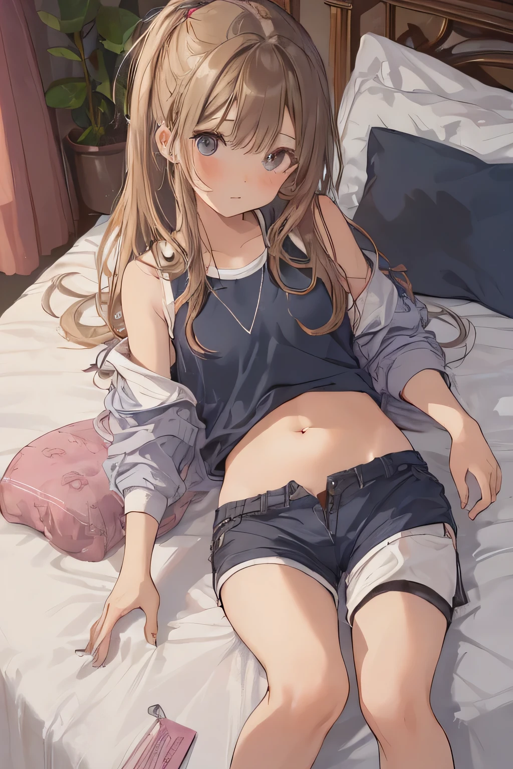 (((I can see her vagina through the gap in her shorts)))　　Cute Woman　Lying in bed　Shortcuts　(((Focus on the head, stomach and groin)))
