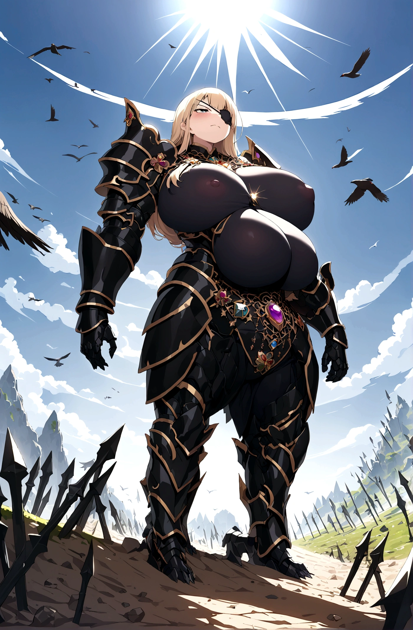Huge teen tits bimbo, stern face expression, standing on steep heel, sunny day, ((wearing heavy black full armor with ornament)), eyepatch, broken spears in the ground around, birds in sky far away
