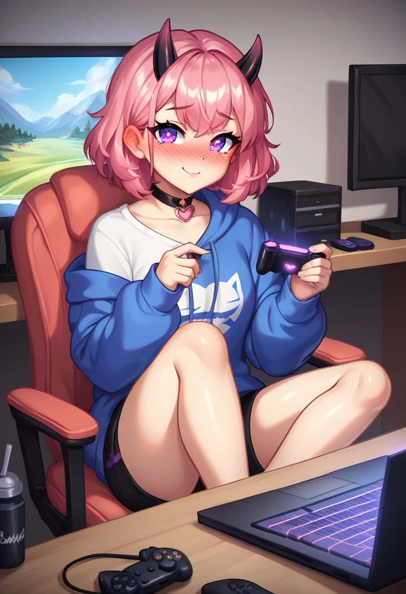 straightened hair, Pink twin-tailed hair, longeyelashes, Purple eyes, Cat Pupils, black ONI horns, Heart-shaped choker, full body Esbian, gazing at viewer, Shy, blush, tusk, ear blush, nose blush, Anime style, Color Field Painting, Ray tracing, bloom, One-person viewpoint, nffsw, awardwinning, 16 K, Best Quality, high details, High quality, masterpiece, hight resolution, Accurate, Super Detail, Cat without ears, Not Broken, perfect, Woman, Big , gaming, gaming room, computer