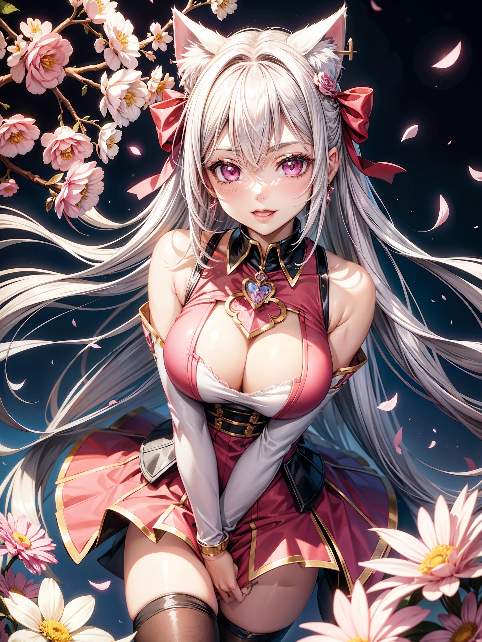 Silver hair, pink eyes, body, cat ears, adult girl, earrings, flower sky background, red pink gold uniform, hair bows, happy face, thigh up, looking at viewer