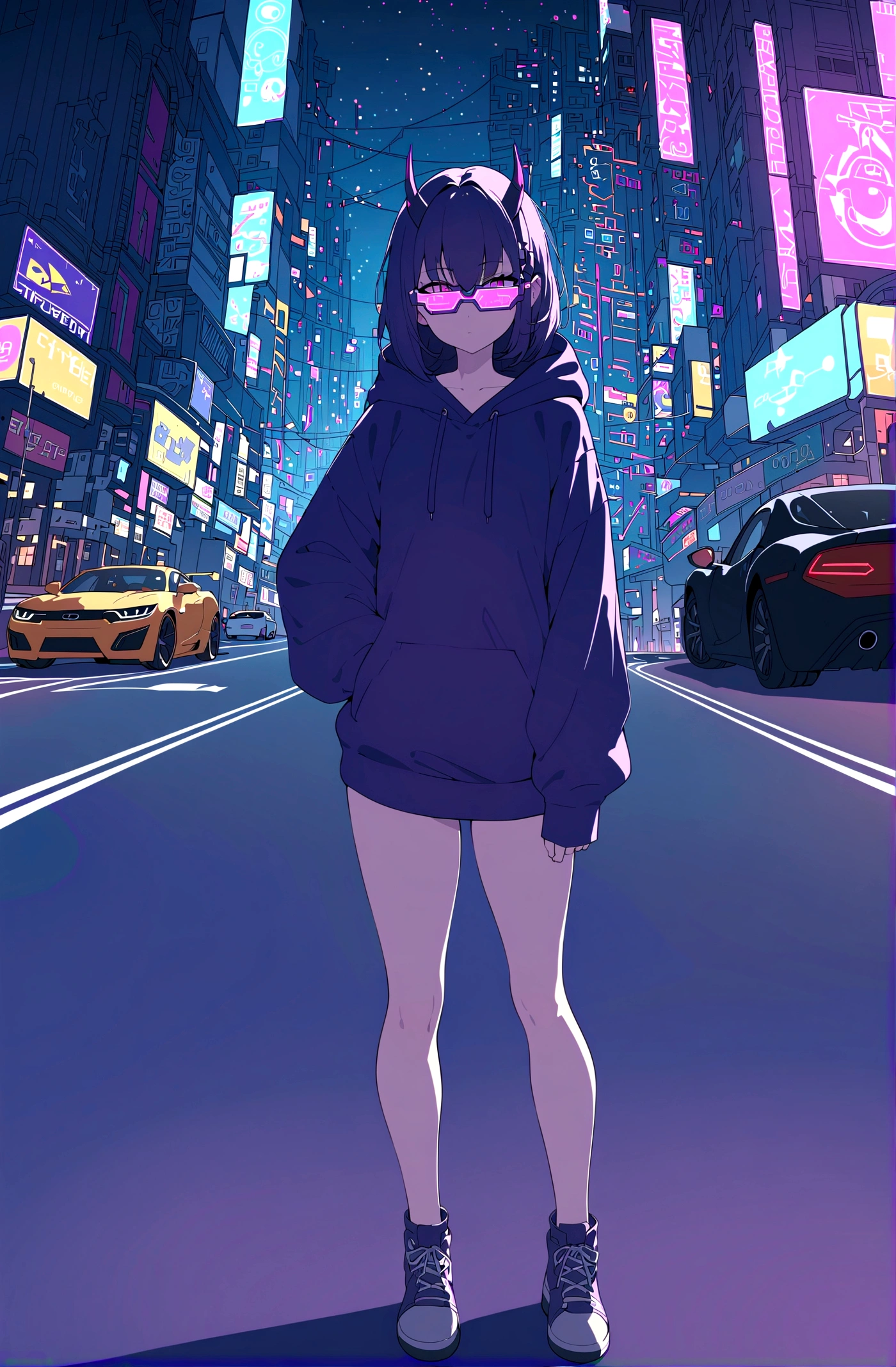 Slim girl standing at the middle of road, wearing black purple hoodie without one arm, wearing cyber glasses, neon city, at night, cars, cybernetic horns