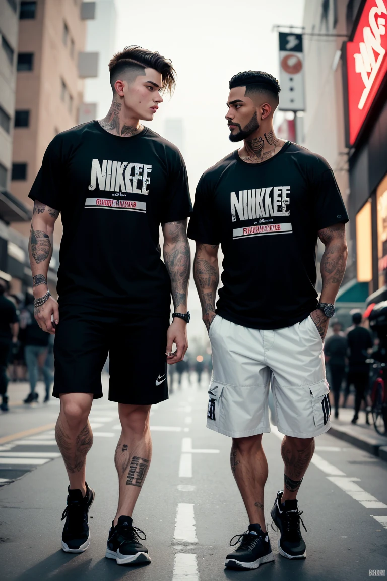 2 young men . The first man is short, spanic, has only the right arm full of tattoos, has a bowl hair cut, flat black hair, and a short beard. The second is taller, is caucasian, has a military hair cut, and a thin mustache, has no tattos. Both of them are wearing nike sneakers, and street wear clothing. urban night life.