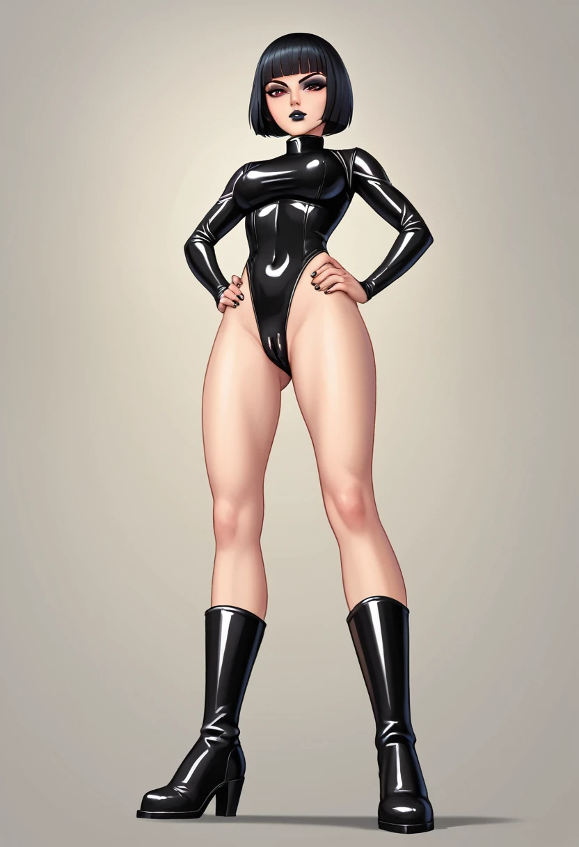 superheroine, ((1girl, solo)), light skin, red eyes, black hair, bob cut, blunt bangs, short hair, ((turtleneck, skin tight leotard, latex leotard, black lipstick, black eyeshadow)), ((long sleeve leotard, highleg leotard, black leotard, cameltoe, bare legs, black boots)), serious face, hands on hips, standing, full body, ((seen from below, dynamic angle))