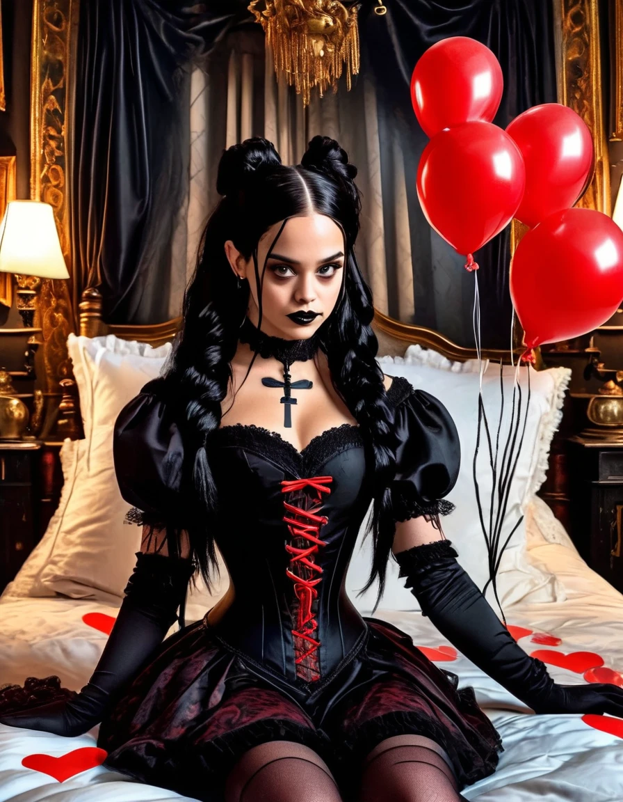 A young woman with long black hair styled in two braids and wears minimal makeup with dark eyeliner, black lipstick, sexy goth, Wednesday Addams (Jenna Ortega). The setting is a old Victorian bedroom with McCabe ornate decorations with a (Duotone {red and black]) silk bedspread. Painting on the wall of famous monsters taking a family photo. She is wearing black ornate fabric choker, black corset, black short feathered dress with black stockings. Holding a string to a red balloon shaped like a heart floating in the air, dripping paint style. A peculiar, lifelike severed hand is placed on the bed next to her, adding an element of mystery. The lighting is eerie, coming from an unseen source, creating a since of mystery and intriguing atmosphere.