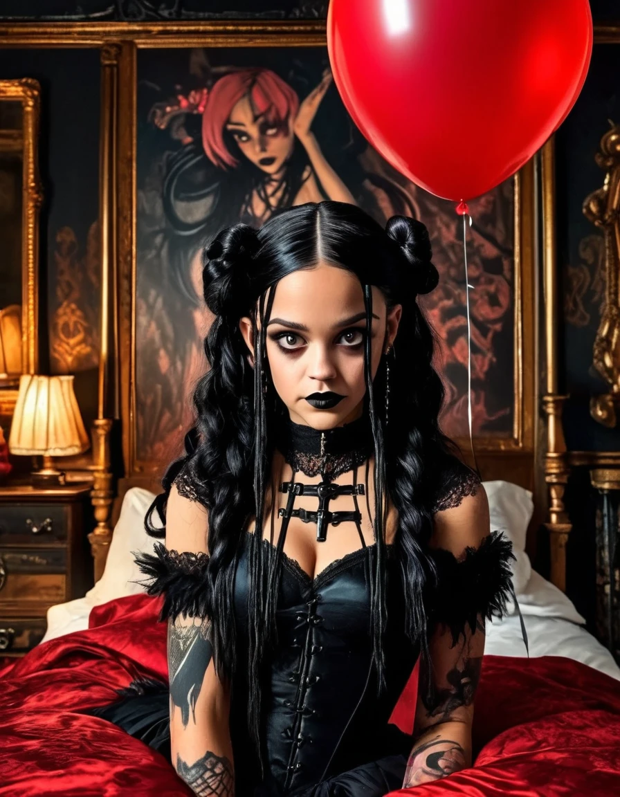 A young woman with long black hair styled in two braids and wears minimal makeup with dark eyeliner, black lipstick, sexy goth, Wednesday Addams (Jenna Ortega). The setting is a old Victorian bedroom with McCabe ornate decorations with a (Duotone {red and black]) silk bedspread. Painting on the wall of famous monsters taking a family photo. She is wearing black ornate fabric choker, black corset, black short feathered dress with black stockings. Holding a string to a red balloon shaped like a heart floating in the air, dripping paint style. A peculiar, lifelike severed hand is placed on the bed next to her, adding an element of mystery. The lighting is eerie, coming from an unseen source, creating a since of mystery and intriguing atmosphere.