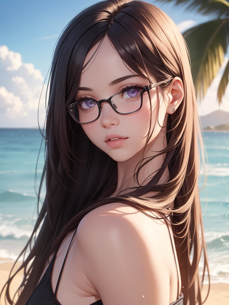 beautiful girl with purple eyes, 1girl, glasses beach, ocean, sunset, seashore, wet sand, waves crashing, palm trees, dramatic lighting, soft glowing skin, (best quality,4k,8k,highres,masterpiece:1.2),ultra-detailed,(realistic,photorealistic,photo-realistic:1.37),cinematic,vibrant colors,dramatic lighting,glowing skin,detailed facial features,long eyelashes,beautiful detailed eyes,beautiful detailed lips,extremely detailed eyes and face
