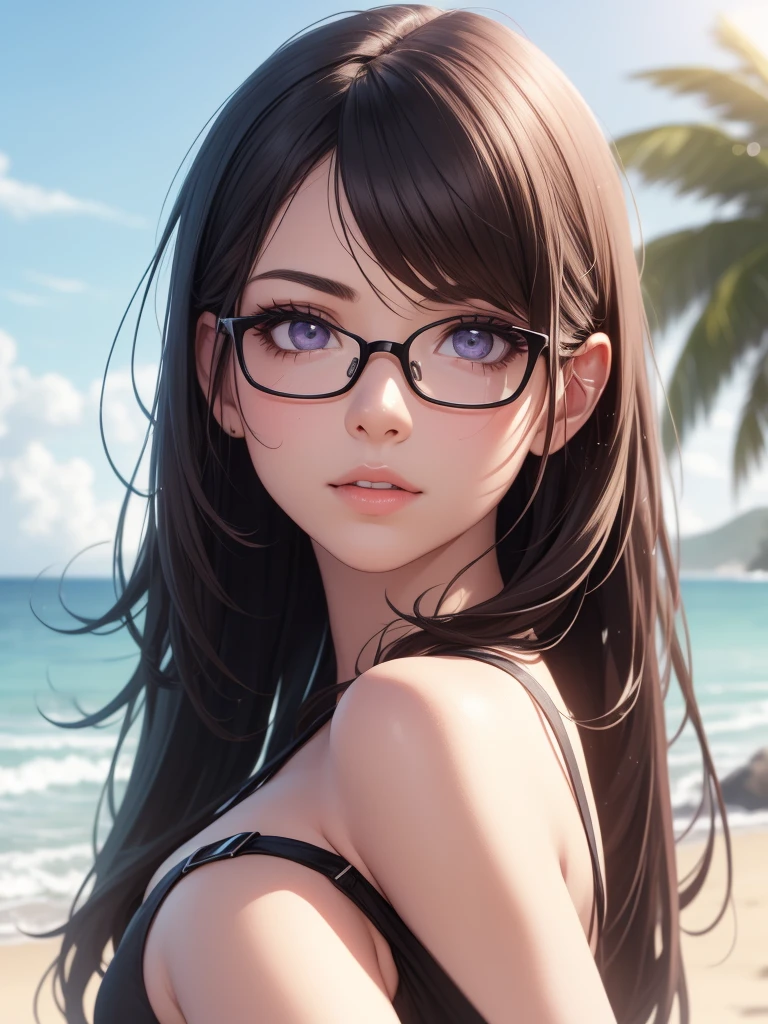 beautiful girl with purple eyes, 1girl, glasses beach, ocean, sunset, seashore, wet sand, waves crashing, palm trees, dramatic lighting, soft glowing skin, (best quality,4k,8k,highres,masterpiece:1.2),ultra-detailed,(realistic,photorealistic,photo-realistic:1.37),cinematic,vibrant colors,dramatic lighting,glowing skin,detailed facial features,long eyelashes,beautiful detailed eyes,beautiful detailed lips,extremely detailed eyes and face