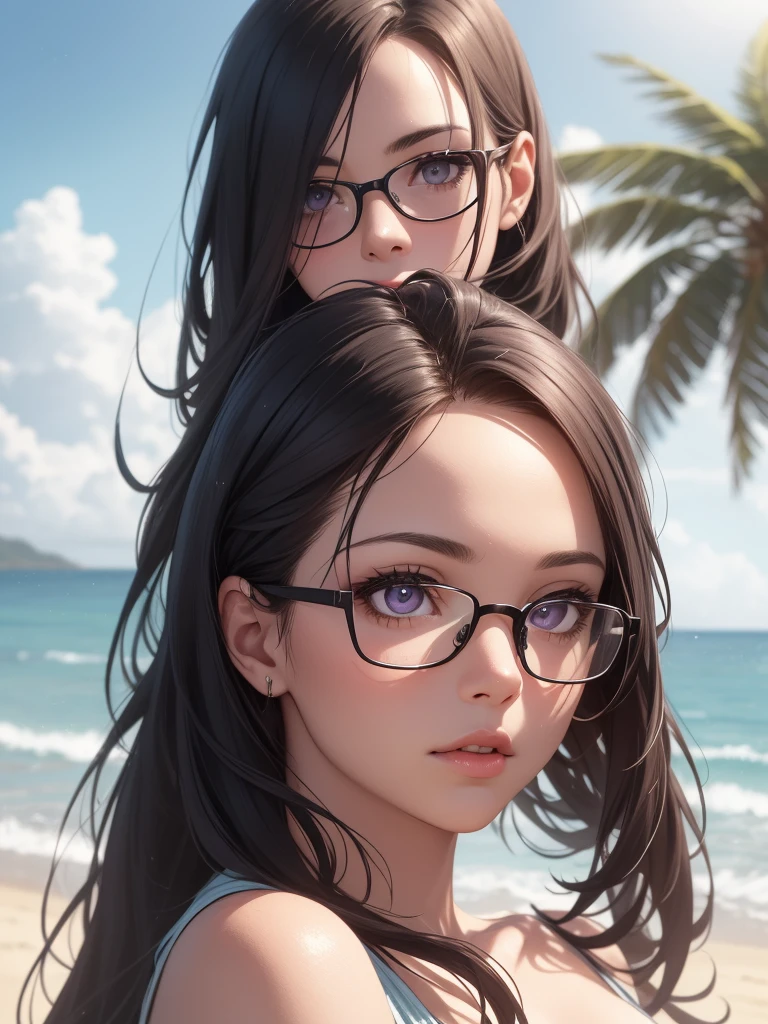 beautiful girl with purple eyes, 1girl, glasses beach, ocean, sunset, seashore, wet sand, waves crashing, palm trees, dramatic lighting, soft glowing skin, (best quality,4k,8k,highres,masterpiece:1.2),ultra-detailed,(realistic,photorealistic,photo-realistic:1.37),cinematic,vibrant colors,dramatic lighting,glowing skin,detailed facial features,long eyelashes,beautiful detailed eyes,beautiful detailed lips,extremely detailed eyes and face
