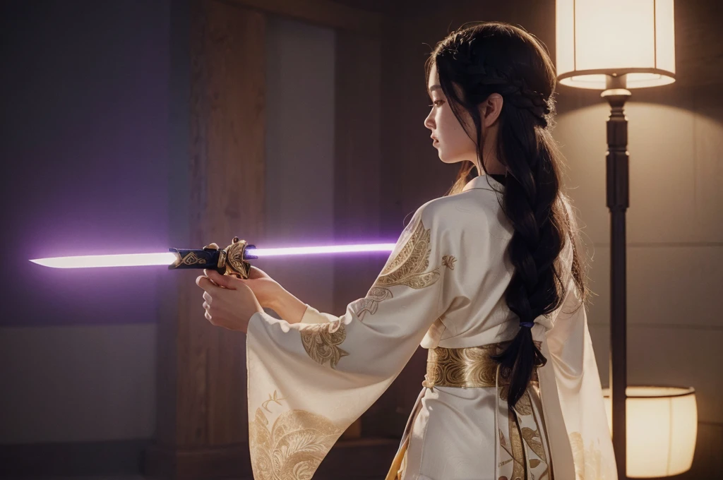 Raiden Shogun (Genshin Impact), woman in white kimono holding a sword in snow, an adult girl with long dark hair braided in a braid. Her head is decorated with a gold hairpin with blue flowers and a fan.Her light-colored kimono-like dress has a short skirt, long tails and long sleeves like furisode's. The back of the floor and the lower part of the sleeve are painted with patterns of various shades of purple and gold. (ultra-high detail:1.2), Masterpiece, Best Quality, Ultra-detailed, Cinematic lighting, 8K, delicate features, cinematic, 35 mm lens, f/1.9, highlight lighting, global lighting –uplight –v 4, cinematic, Cinematic lighting, 8K, high quality, Highest Quality, (Solo Focus), (extremly intricate:1.3), (Realistic), dramatic, masterful, Analog style, (Film grain:1.5), (warm hue, cold tone)