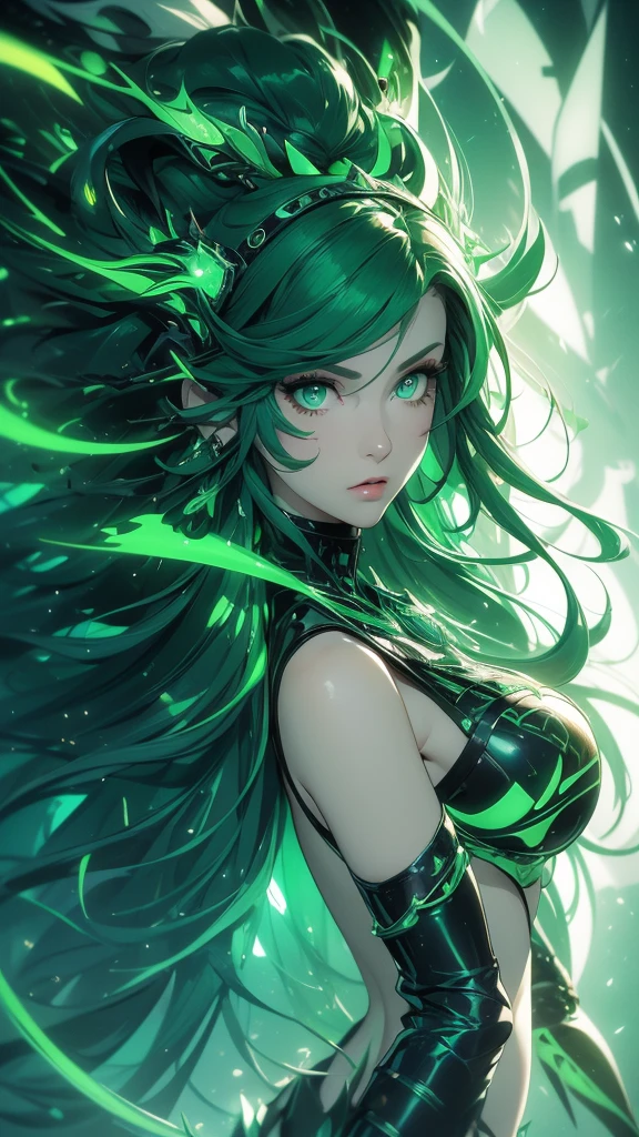 masterpiece, highest quality, (solo focus), (perfect face:1.1), (full body), (high detail:1.1), (hyper detailed eyes), dramatic, a woman with paleskin and long dark green hair, bright green eyes, solo, arrogant expression, neon cybernetic outfit, white background, art by artgerm, cinematic lighting, fashion, BalenciagaStyle