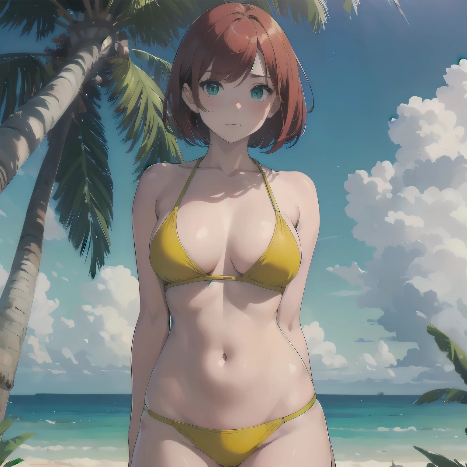 (masterpiece), best quality, expressive eyes, perfect face, 1girl, solo, bob cut, redhead, red hair BREAK short hair, green eyes BREAK blush, looking at viewer, freckles, breasts, cleavage, standing, yellow bikini, navel, grass, palmtree, fence, sexy pose, :/, embarrased face, ocean