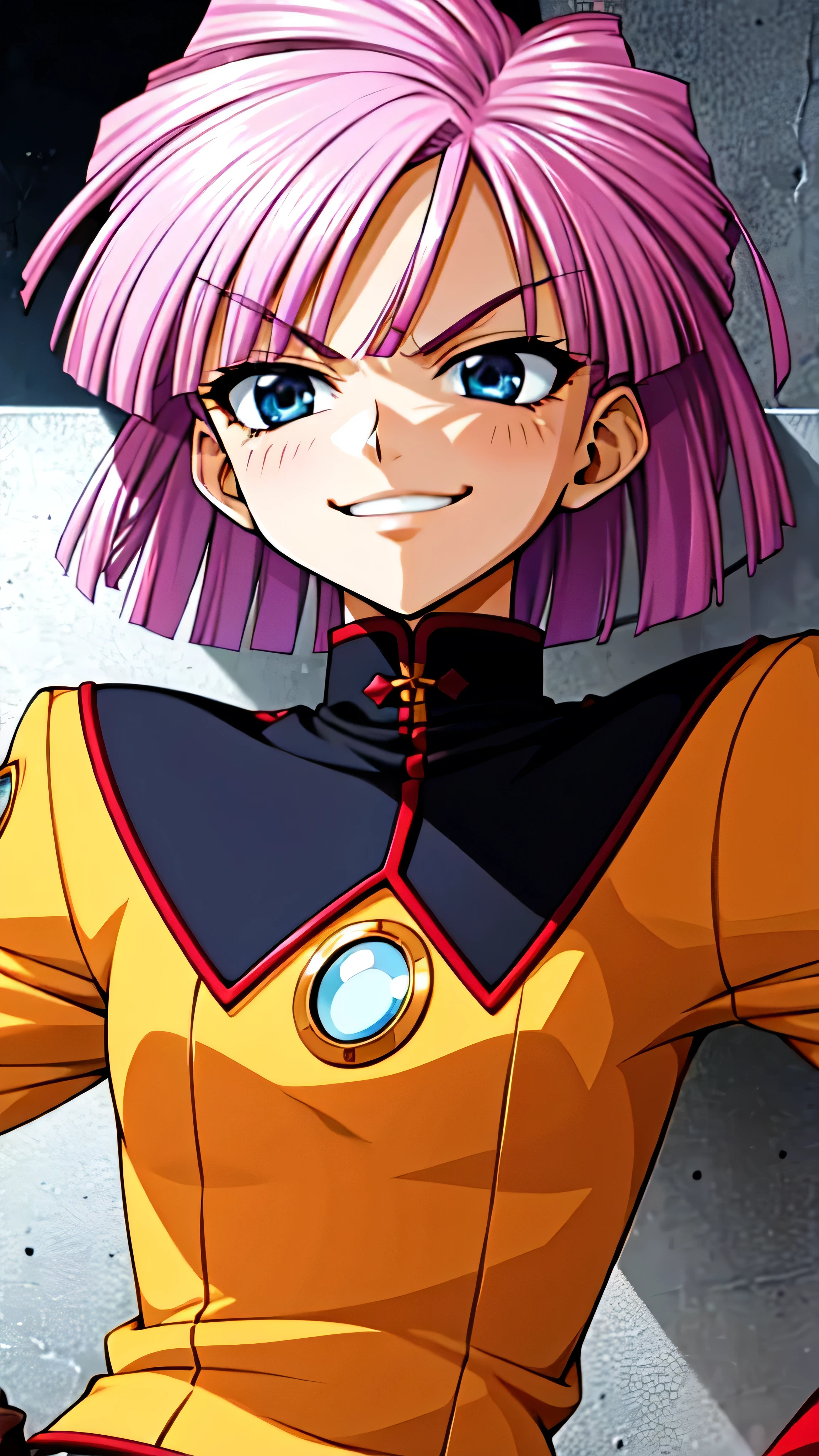 (best_quality 4K, 8K, High resolution, Masterpiece: 1.2), ultra detailed),from_below,(anime_screencap),(1girl,solo),dynamic_angle,too evil_smile,too evil laugh at,tis,deep shaded_face,too sadistic smile,smile worst,,bob short hair,,,looking at viewer,upper body,black background,too worst smile,too bad smile,too evil smirk,,too sadistic smirk,